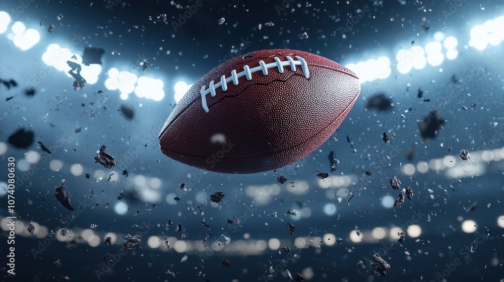 Dynamic American Football in Motion with Dramatic Lighting and Blurred Stadium Background Representing Excitement and Energy of Sports Events Dynamic American Football in Motion with Dramatic Lighting and Blurred Stadium Background Representing Excitement and Energy of Sports Events