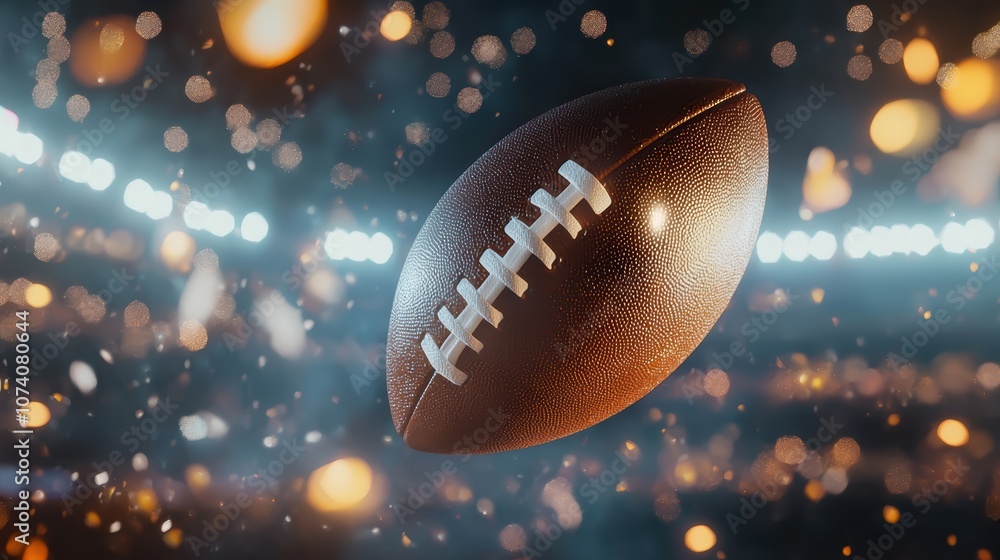 Fototapeta premium Dynamic Football in Motion with Bokeh Lights and Sparkles, Capturing the Essence of Sport and Energy in a Vibrant Stadium Environment