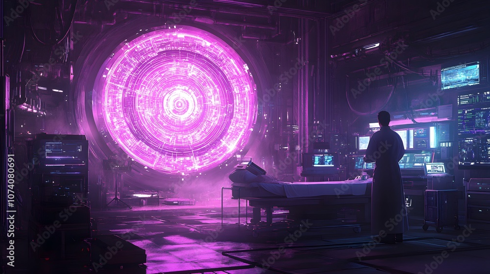 Obraz premium A male scientist observes a futuristic portal in a dimly lit lab.