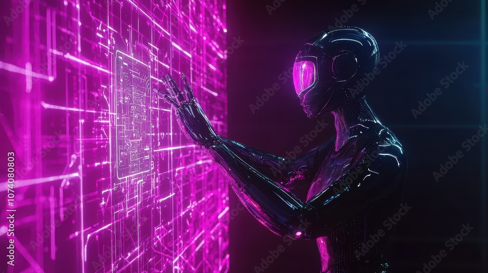 Futuristic humanoid figure interacting with a glowing digital interface in a vibrant neon environment demonstrating advanced technology and artificial intelligence concepts Futuristic humanoid figure interacting with a glowing digital interface in a vibrant neon environment demonstrating advanced technology and artificial intelligence concepts