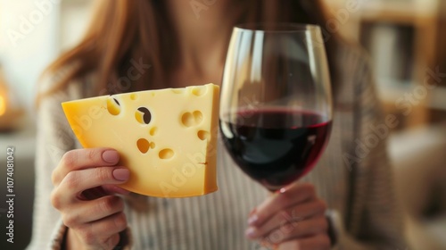 A woman holds up a slice of creamy nutty Gouda cheese and a glass of rich and fullbodied nonalcoholic red wine savoring the combination of flavors. photo