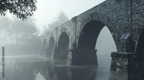 Majestic Stone Bridge Emerging from Fog Over Still Waters, Surrounded by Tranquil Nature, Inviting Exploration and Reflection in a Serene Landscape