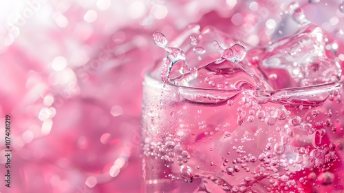 A close-up of a sparkling pink drink with ice, showcasing bubbles and vibrant colors.