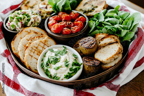 a Seder plate with traditional Passover foods on display. photo