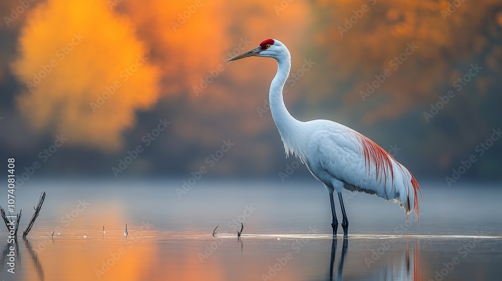 Naklejka premium Graceful Crane Standing in Shallow Water at Sunrise