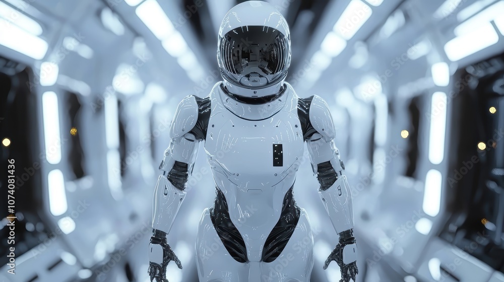 Futuristic humanoid robot in a sleek, high-tech environment, showcasing advanced design, intricate details, and a modern aesthetic reminiscent of space exploration themes. Futuristic humanoid robot in a sleek, high-tech environment, showcasing advanced design, intricate details, and a modern aesthetic reminiscent of space exploration themes.