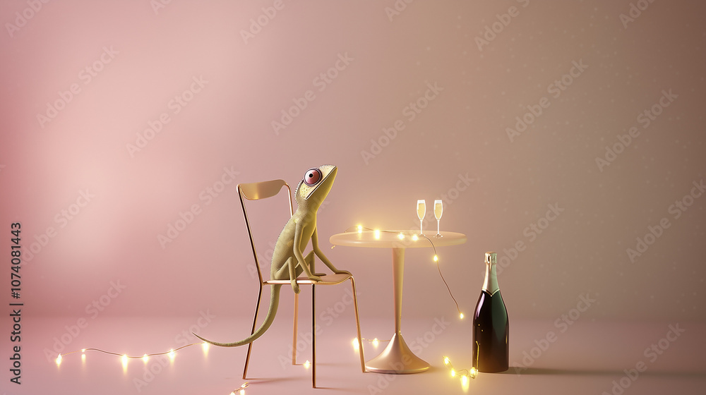 Obraz premium A chameleon on a gold chair with two glasses of champagne in a luxurious New Year's setting, minimal decor, soft pink lighting, festive atmosphere, humorous and elegant