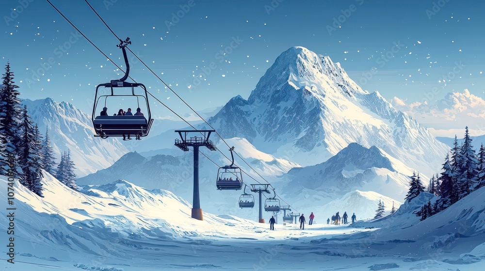Fototapeta premium Ski Lift and Skiers against Snow-Covered Peaks, Ski lift chairs silhouetted against the white peaks of a mountain range with clear skies overhead.