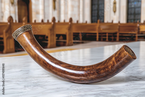 an old-fashioned shofar displayed in a historic synagogue. photo