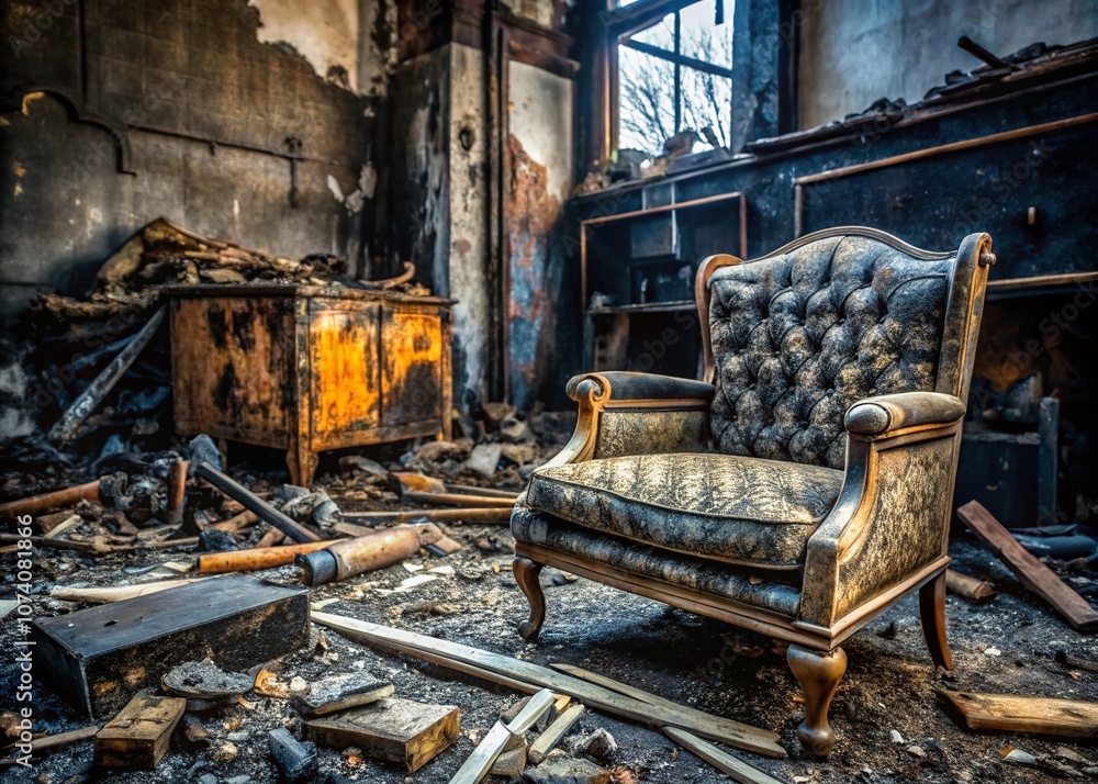 Fototapeta premium Damaged Furniture Pieces Reflecting the Aftermath of a Devastating Arson Incident, Showcasing the Emotional Impact and Stories Behind Each Burned Element