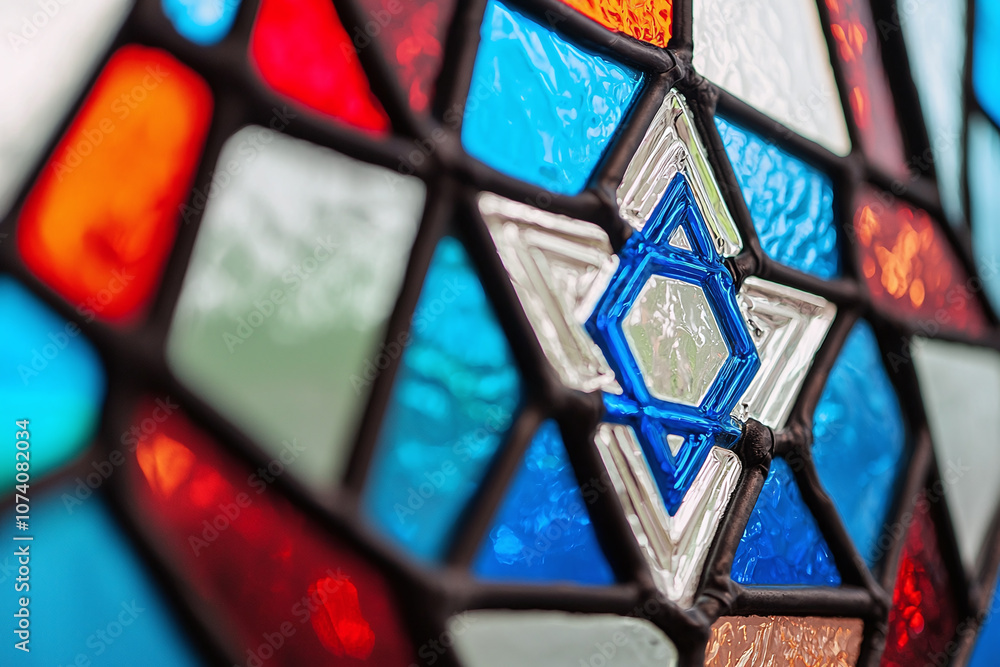 the Star of David, prominently displayed in a stained-glass window. the Star of David, prominently displayed in a stained-glass window.