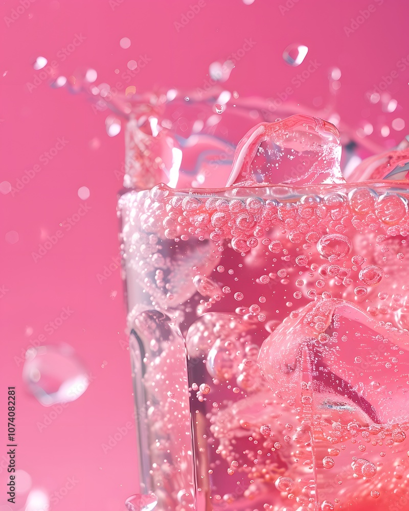 A refreshing drink with bubbles and ice against a pink background. A refreshing drink with bubbles and ice against a pink background.