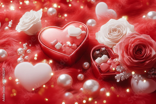 3D Valentine's Day wallpaper, red and pink hearts, white roses, pearls, gold stars, heart-shaped boxes, soft lighting, red fluffy background, romantic style. 