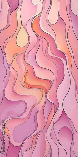 A vibrant abstract design featuring fluid, wavy lines in shades of pink, peach, and orange, creating a dreamy, soft aesthetic that evokes tranquility and warmth.