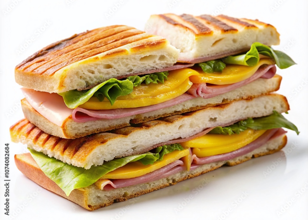 Delicious Cuban Sandwich on White Background - Traditional Dish of Pressed Bread with Ham and Cheese, Simple Presentation, Ideal for Food Photography and Culinary Use Delicious Cuban Sandwich on White Background - Traditional Dish of Pressed Bread with Ham and Cheese, Simple Presentation, Ideal for Food Photography and Culinary Use