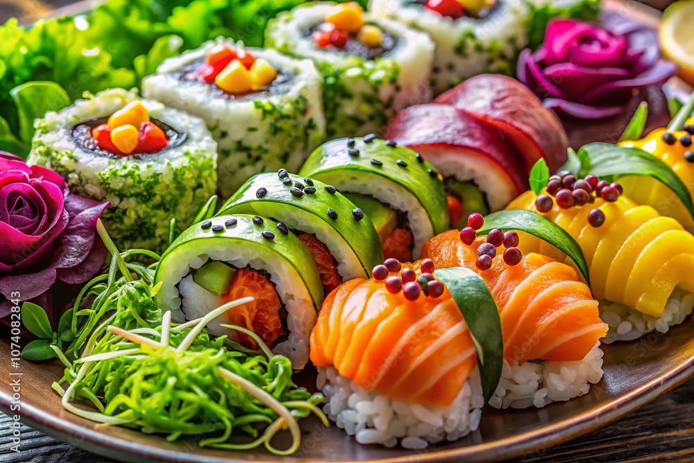Deliciously Arranged Sushi Platter with Colorful Salad in a Macro Shot Showcasing Fresh Ingredients and Textures for Food Photography Enthusiasts and Culinary Art Lovers Deliciously Arranged Sushi Platter with Colorful Salad in a Macro Shot Showcasing Fresh Ingredients and Textures for Food Photography Enthusiasts and Culinary Art Lovers