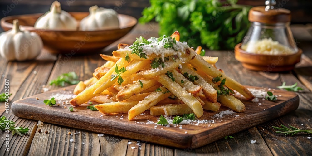 Deliciously Crispy Fries Topped with Parmesan Cheese Served on a Rustic Wooden Board, Perfectly Captured Using the Rule of Thirds for an Appealing Culinary Stock Photo Deliciously Crispy Fries Topped with Parmesan Cheese Served on a Rustic Wooden Board, Perfectly Captured Using the Rule of Thirds for an Appealing Culinary Stock Photo