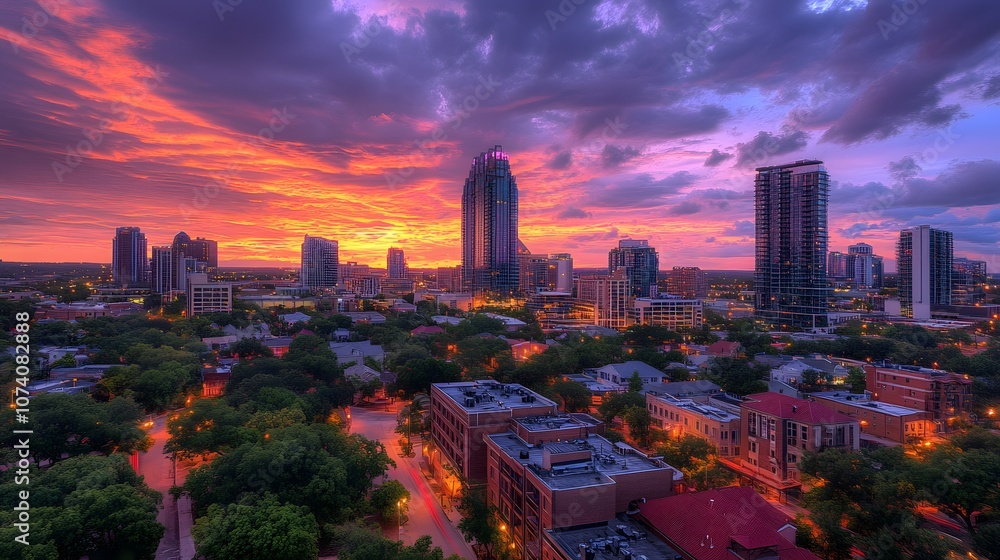 Fototapeta premium Stunning sunset over a vibrant urban skyline with dramatic clouds.