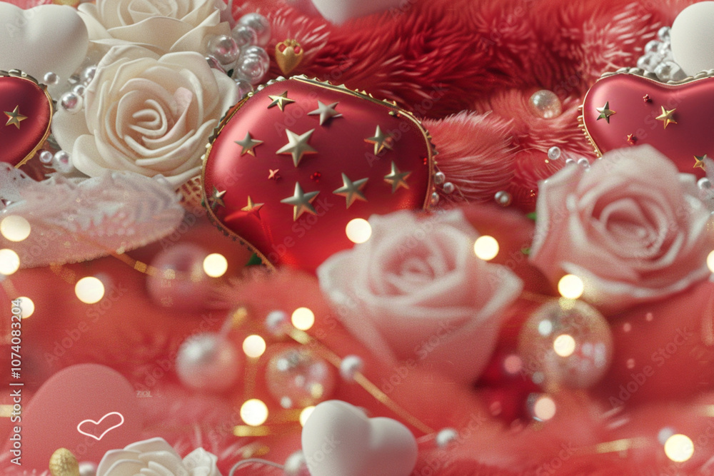 A romantic wallpaper that features red and pink hearts, white roses, pearls, gold stars, heart-shaped boxes, soft lighting, red fluffy background, and romantic style. A romantic wallpaper that features red and pink hearts, white roses, pearls, gold stars, heart-shaped boxes, soft lighting, red fluffy background, and romantic style.