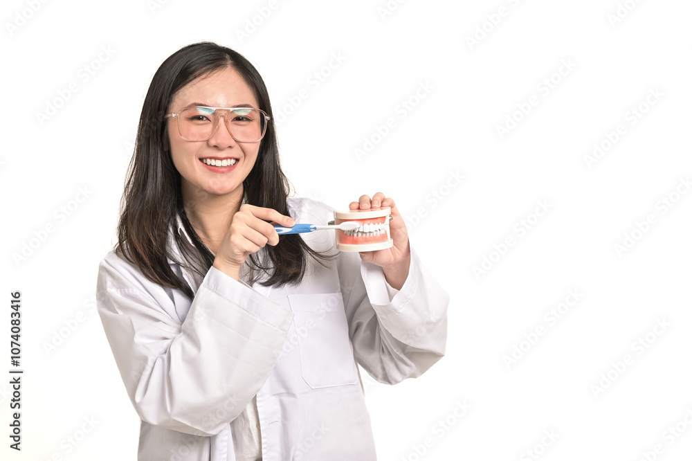 Portrait Asian woman dentist teaching how to brush teeth.Dentist holding tooth model and toothplate isolated on white background.Smiling female dentist doctor examining teeth model diagnosing patient. Portrait Asian woman dentist teaching how to brush teeth.Dentist holding tooth model and toothplate isolated on white background.Smiling female dentist doctor examining teeth model diagnosing patient.