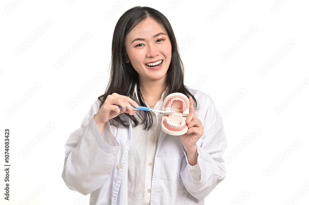 Portrait Asian woman dentist teaching how to brush teeth.Dentist holding tooth model and toothplate isolated on white background.Smiling female dentist doctor examining teeth model diagnosing patient. Portrait Asian woman dentist teaching how to brush teeth.Dentist holding tooth model and toothplate isolated on white background.Smiling female dentist doctor examining teeth model diagnosing patient.