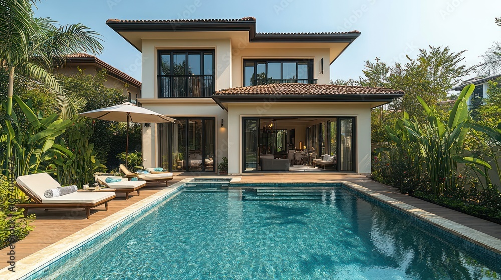 Fototapeta premium Modern luxury home with private pool and patio.