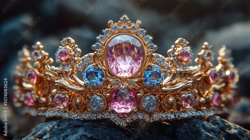 A sparkling gold crown with pink and blue gemstones rests on a rough stone surface. A sparkling gold crown with pink and blue gemstones rests on a rough stone surface.