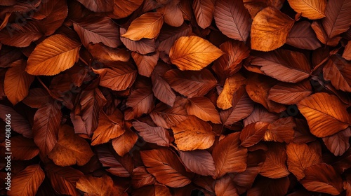 A textured close-up of layered autumn leaves, predominantly in warm brown and deep orange hues, creating a rich, earthy pattern photo