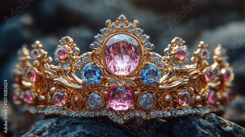 A sparkling gold crown with pink and blue gemstones rests on a rough stone surface.