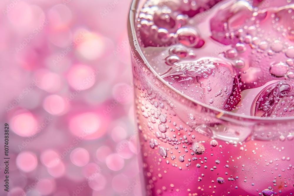A close-up of a pink fizzy drink with ice, showcasing bubbles and a vibrant background. A close-up of a pink fizzy drink with ice, showcasing bubbles and a vibrant background.