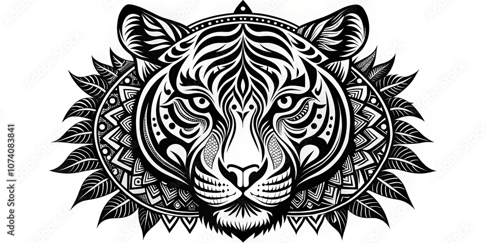 Obraz premium Intricate Tiger Head Surrounded by Detailed Floral Mandala