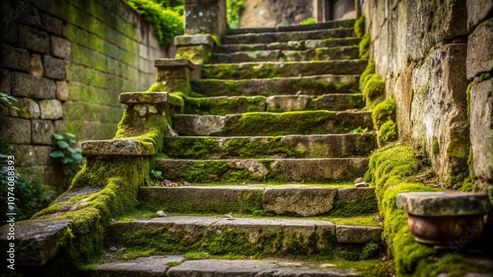 Detailed View of an Old Stone Stairway with Weathered Steps and Moss, Perfect for Architectural or Historical Photography, Showcasing Nature's Resilience and Ancient Craftsmanship Detailed View of an Old Stone Stairway with Weathered Steps and Moss, Perfect for Architectural or Historical Photography, Showcasing Nature's Resilience and Ancient Craftsmanship