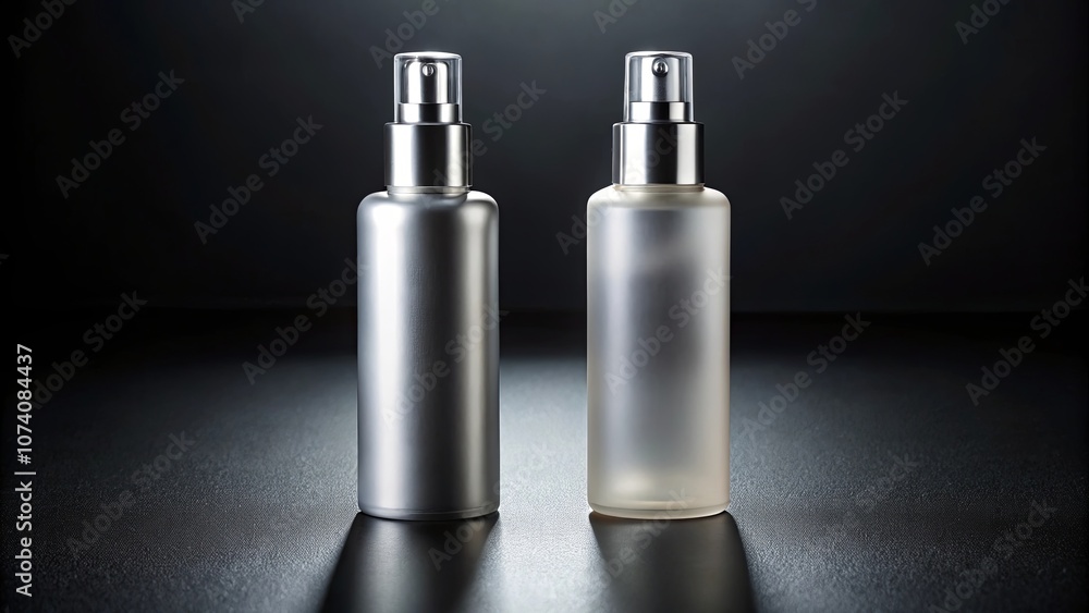 Two Unlabeled Bottles with Silver Caps and Spray Tops on a Black Surface Two Unlabeled Bottles with Silver Caps and Spray Tops on a Black Surface