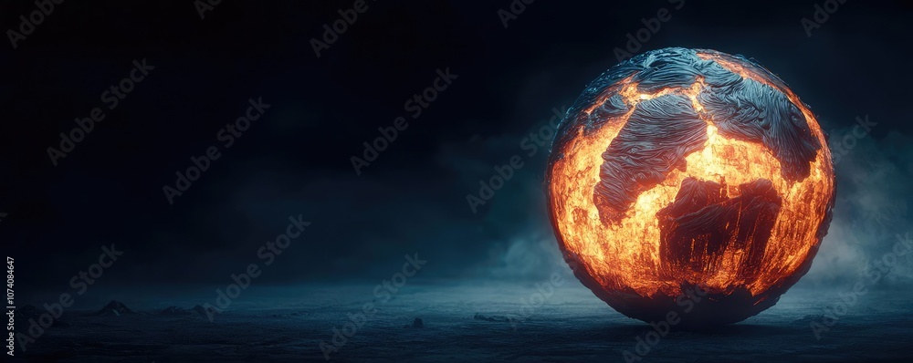 Glowing planet Earth in dark atmosphere, showcasing environmental changes. Glowing planet Earth in dark atmosphere, showcasing environmental changes.