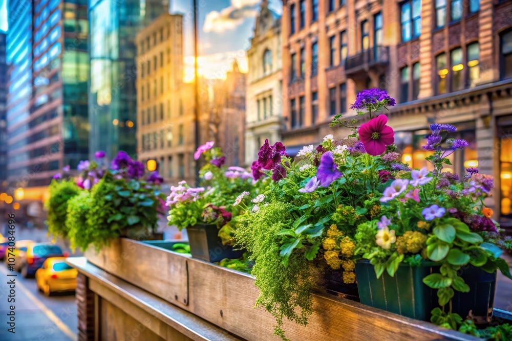 Fototapeta premium Double Exposure of Vibrant Window Flower Boxes with Green and Purple Plants, Showcasing Nature’s Beauty Against Urban Backdrops in a Captivating Artistic Display