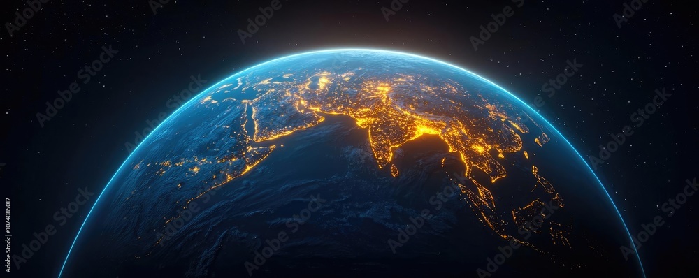 Obraz premium Earth viewed from space, illuminated city lights revealing geographic features.