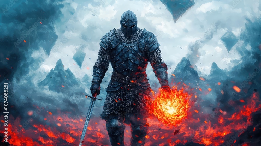 A warrior holding a fireball stands amidst a fiery landscape, dramatic clouds overhead. A warrior holding a fireball stands amidst a fiery landscape, dramatic clouds overhead.