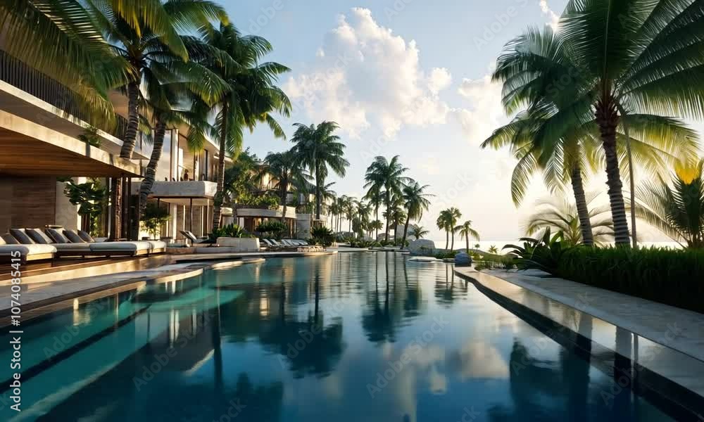 Luxury Resort Pool with Palm Trees and Ocean View Luxury Resort Pool with Palm Trees and Ocean View