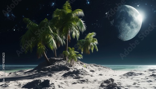 Lush tropical island under starry night, planted on cosmic landscape illuminated by moon?s glow, blend of earthly and celestial wonder.