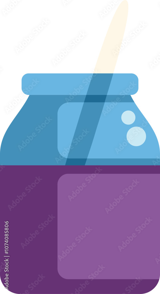 Simple flat vector illustration of a glass jar with a blank label containing a purple substance and a wooden spoon