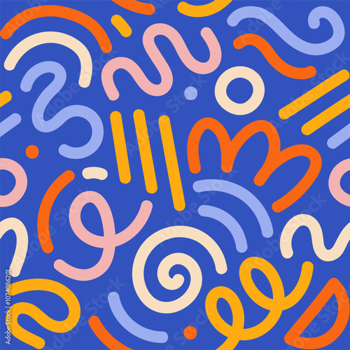 Memphis geometric seamless pattern. Multicolor abstract background in retro 80s, 90s style with various shapes: circles, semicircles, dots, zigzags, spirals, wavy lines. Cute kid doodle design.	