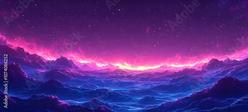 A breathtaking digital landscape featuring vibrant purple and blue waves under a starry sky, blending together to create a serene and otherworldly atmosphere.