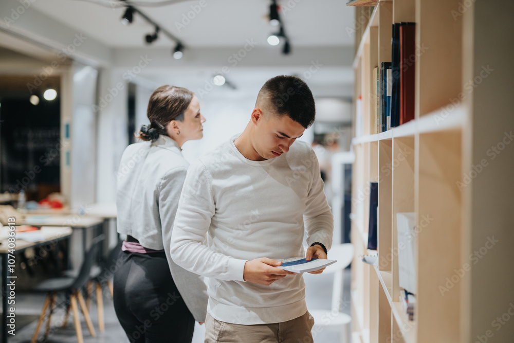 High school students are focused on browsing books in a modern library setting. They are actively engaged in exploring educational resources, emphasizing their commitment to learning and academic High school students are focused on browsing books in a modern library setting. They are actively engaged in exploring educational resources, emphasizing their commitment to learning and academic