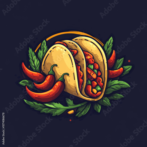 A colorful illustration of a delicious taco with chili peppers and cilantro on a dark blue background.
