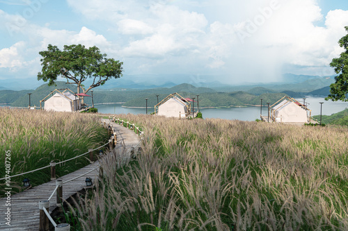 The beautiful viewpoint of the lake on Srinakarin dam, Kanchanaburi province, Thailand 2023.  photo