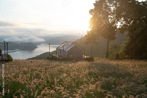 The beautiful viewpoint of the lake on Srinakarin dam, Kanchanaburi province, Thailand 2023. 