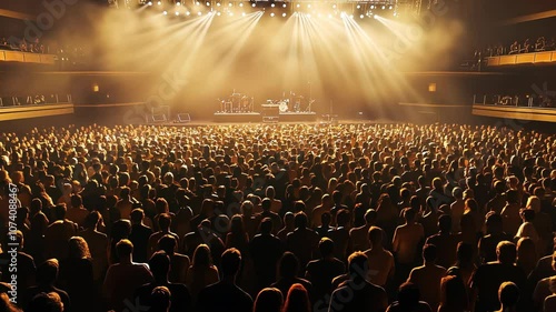 A large crowd of people are watching a performance at a concert venue