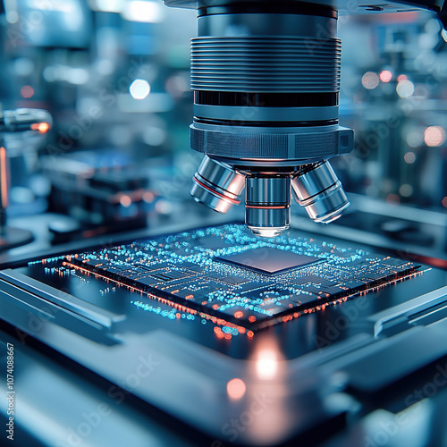 Close-up of a microelectronic chip under a microscope in a lab photo