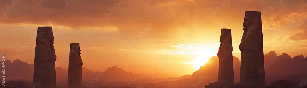 Mysterious stone monoliths under a vibrant sunset in a vast desert landscape. Mysterious stone monoliths under a vibrant sunset in a vast desert landscape.