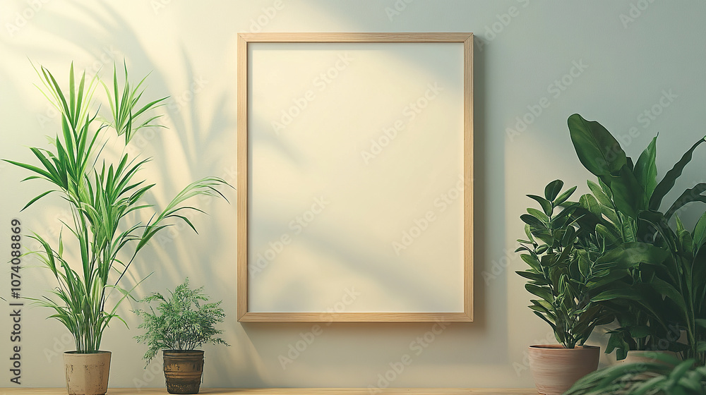 A mockup of an empty, blank wooden frame on the wall, with plants beside it A mockup of an empty, blank wooden frame on the wall, with plants beside it